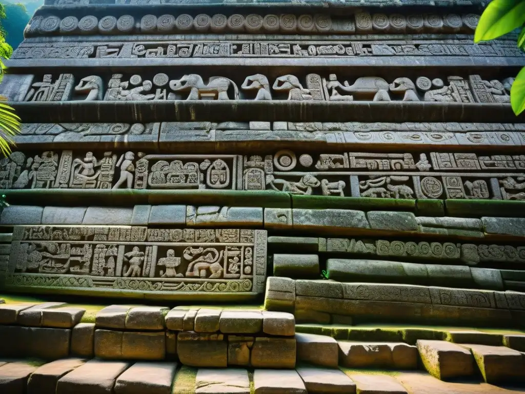 Detalle de las jeroglíficos y esculturas en el Templo de las Inscripciones en Palenque, México