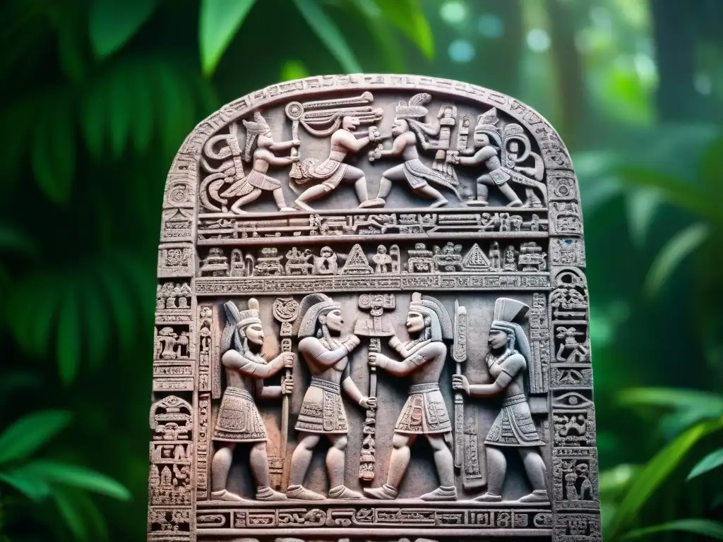 Detalle de jeroglíficos mayas esculpidos en una estela de piedra en Dos Pilas, historia reino maya Dos Pilas