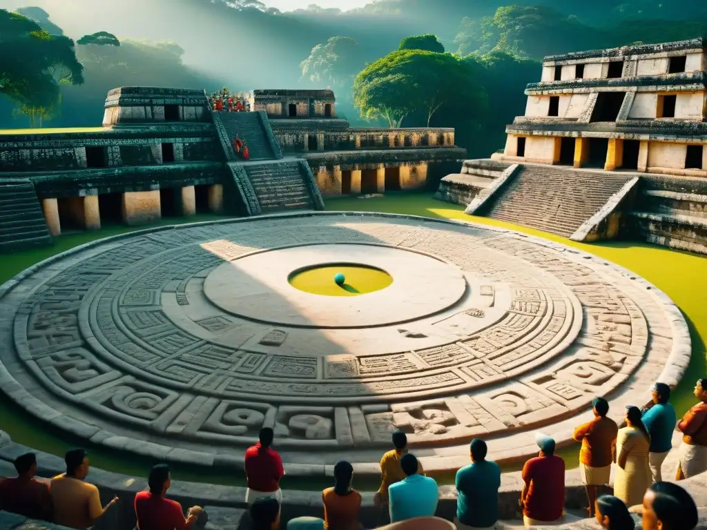 Detalle del juego de pelota maya, con jugadores y espectadores en un escenario rico en significado cultural y ritual