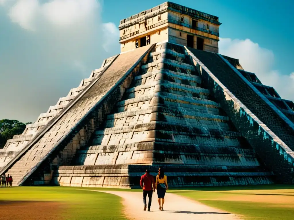 Detalle del legado de Kukulkán en la arquitectura maya: pirámide de Chichén Itzá con sombras dramáticas