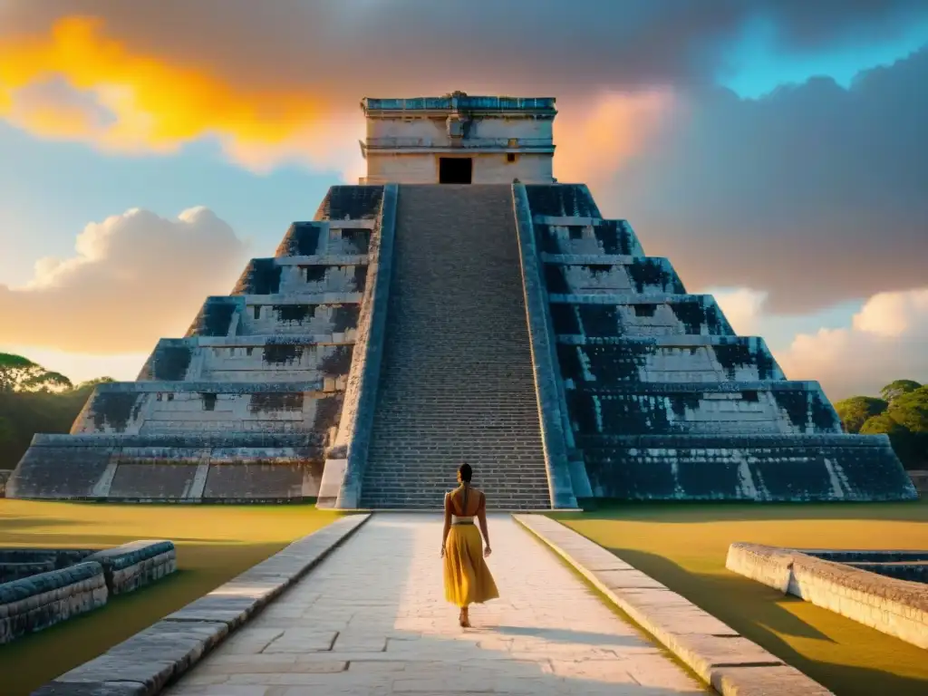 Detalle 3D de la majestuosa Reconstrucción 3D maravillas mayas del Templo de Kukulkán en Chichén Itzá al atardecer