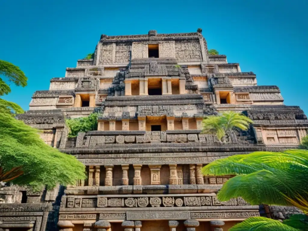 Detalle majestuoso de la arquitectura palaciega maya, con exuberante vegetación y cielo azul de fondo