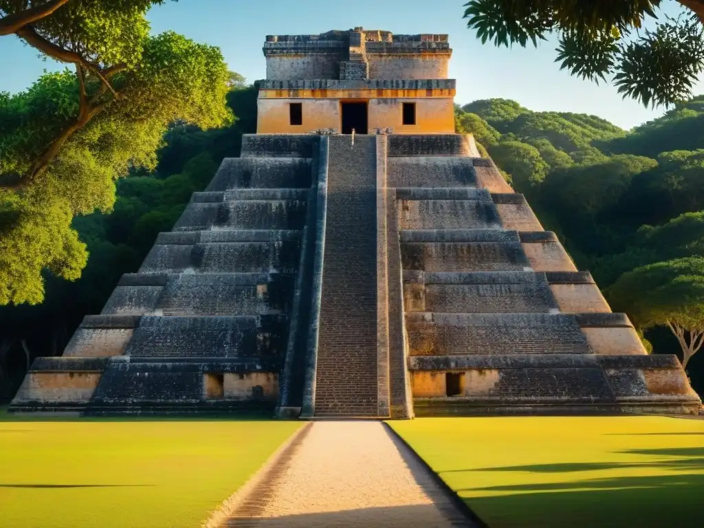 Detalle majestuoso de la Pirámide del Adivino en Uxmal al atardecer, mostrando la arquitectura maya en Uxmal bajo la luz dorada del sol poniente