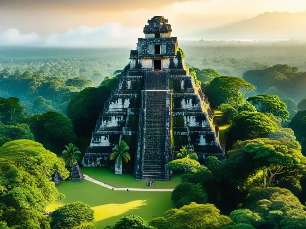 Detalle majestuoso de las ruinas mayas de Tikal al amanecer, con luz dorada resaltando las piedras y exuberante vegetación