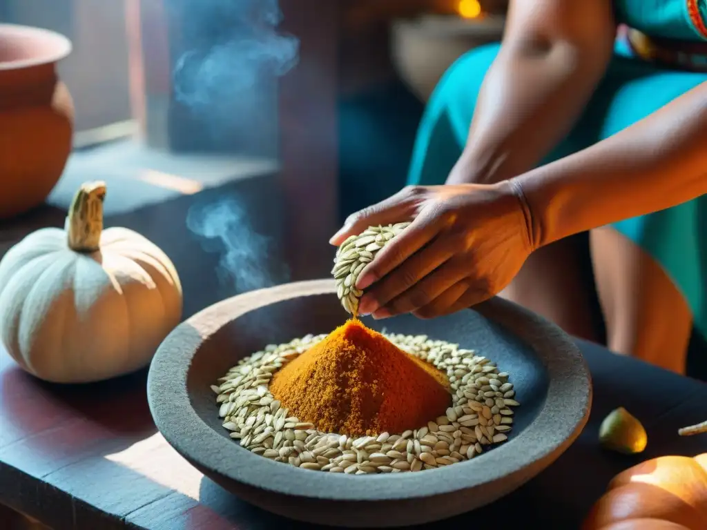 Detalle de manos de mujer maya moliendo semillas de calabaza en molcajete, con bordados coloridos y luz natural