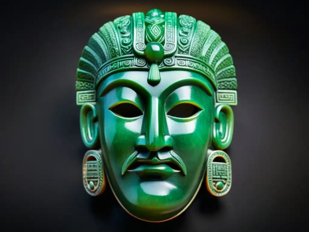 Detalle de una máscara de jade maya, iluminada por luz natural, sobre terciopelo oscuro