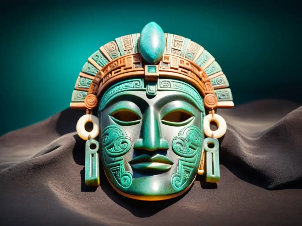 Detalle de máscara maya de jade con turquesa