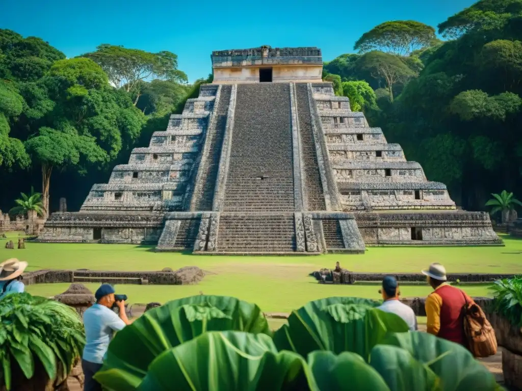 Detalle maya: arqueólogos descubriendo evidencias culturales bajo cielo azul y frondosa vegetación