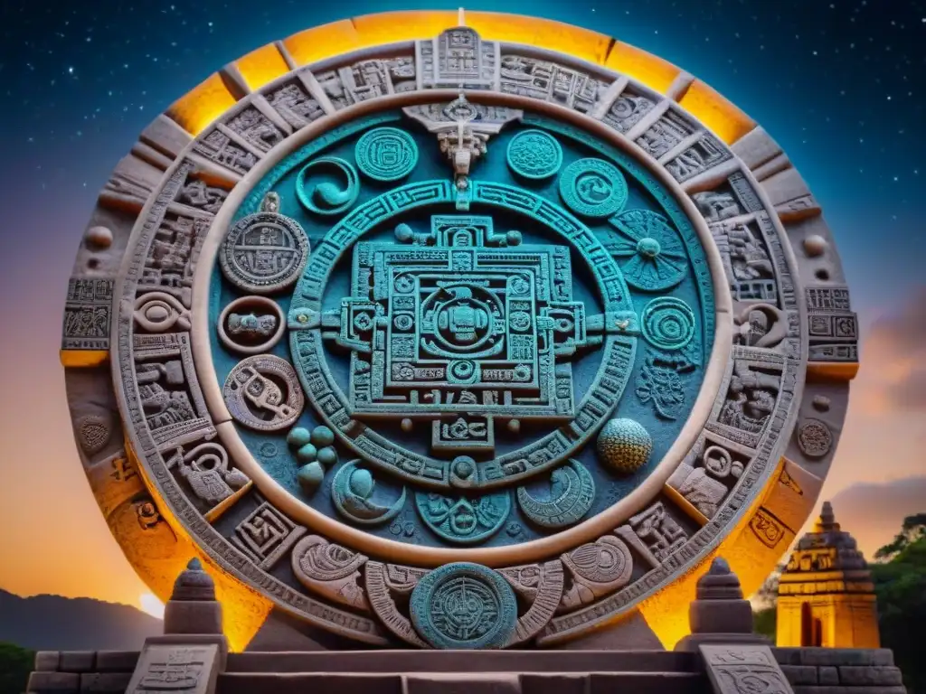 Detalle maya: calendario astronómico esculpido en piedra, símbolos y constelaciones en la noche estrellada