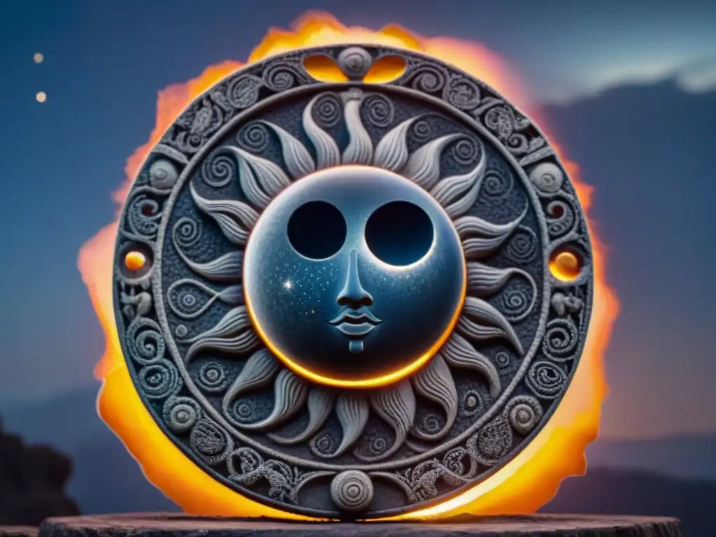 Detalle maya de un eclipse solar: alineación de sol, luna y tierra en tallado estelar