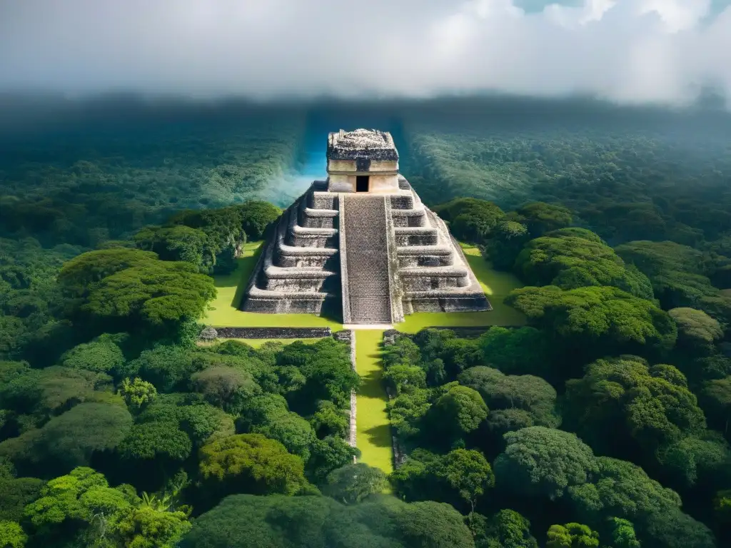 Detalle arqueológico maya en la jungla capturado por tecnología satelital