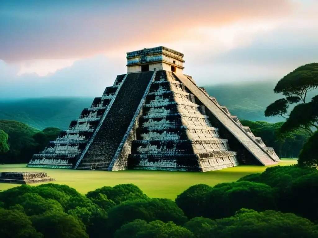 Detalle de la pirámide maya oculta en Chichen Itzá, revelando su complejidad arquitectónica rodeada de vegetación exuberante