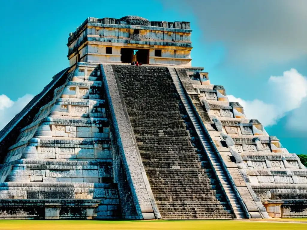 Detalle de la ingeniería maya en el templo de Kukulkan en Chichen Itza, mostrando su avanzada tecnología de construcción