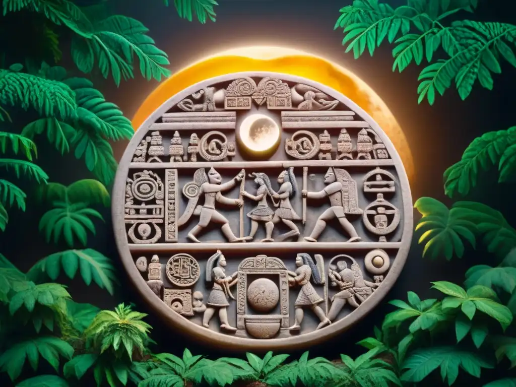 Detalle meticuloso de tallado maya de glifos y símbolos lunares, iluminado en selva