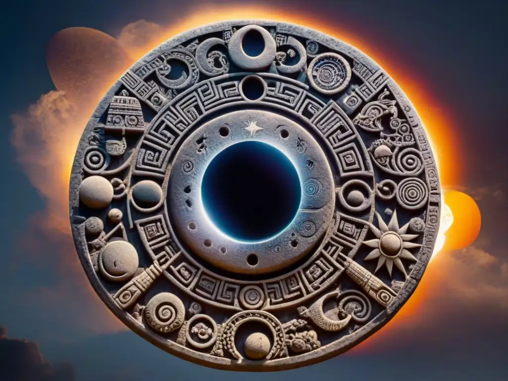 Detalle milenario: tallado maya de eclipse solar