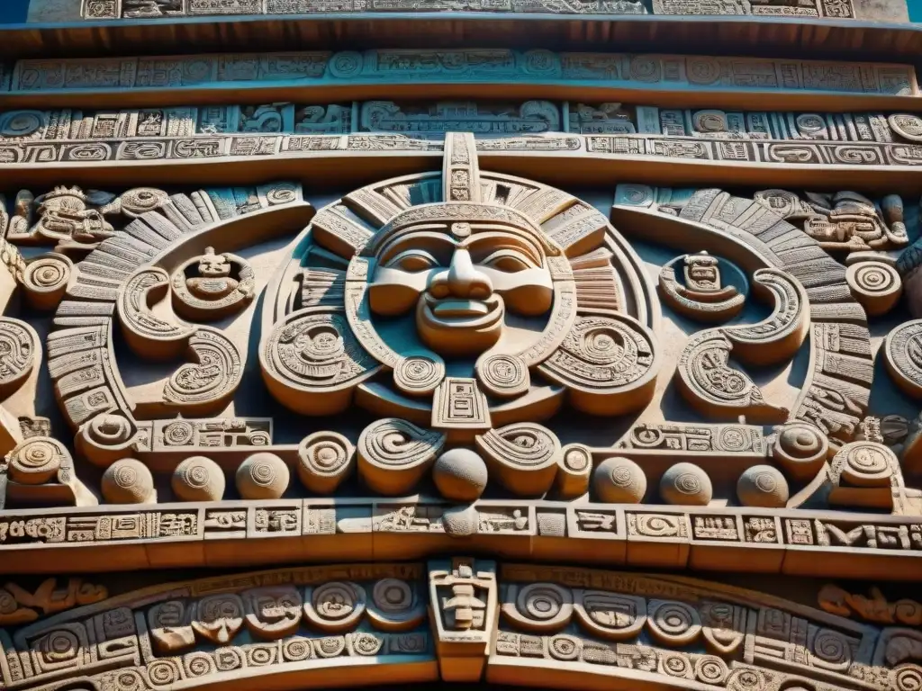 Detalle minucioso de las alineaciones astronómicas en la arquitectura maya, destacando el arte y conocimiento celestial