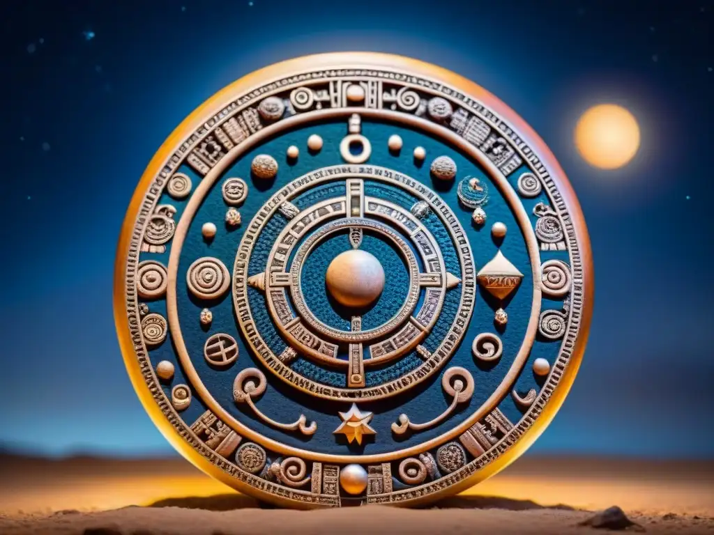 Detalle minucioso de un artefacto maya con símbolos celestiales, iluminado por luz natural