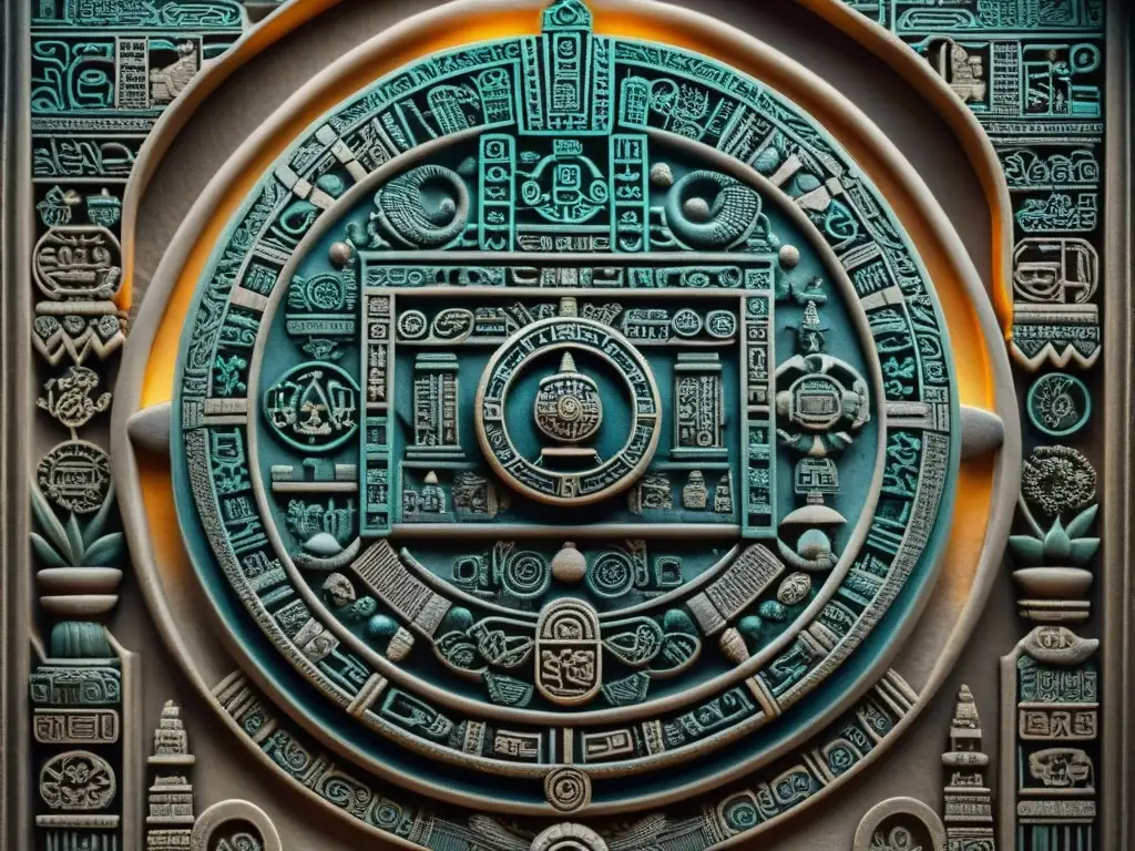 Detalle minucioso del calendario maya, simbolizando los ciclos y conexiones cósmicas