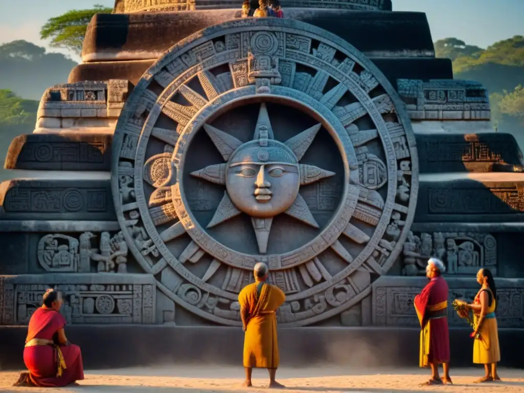 Detalle de monumento maya con eclipse solar y figuras observando