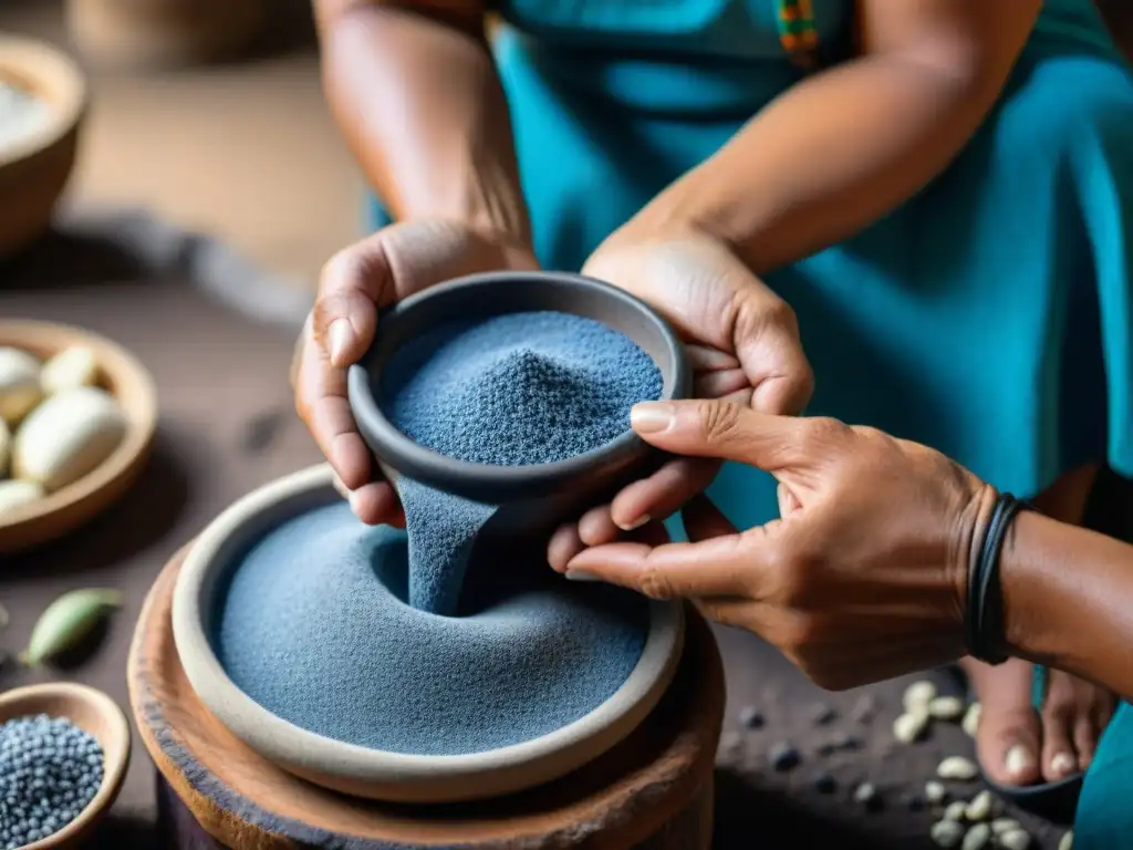 Detalle de mujer maya moliendo maíz azul para preparar Saká, bebida ceremonial maya a base de maíz