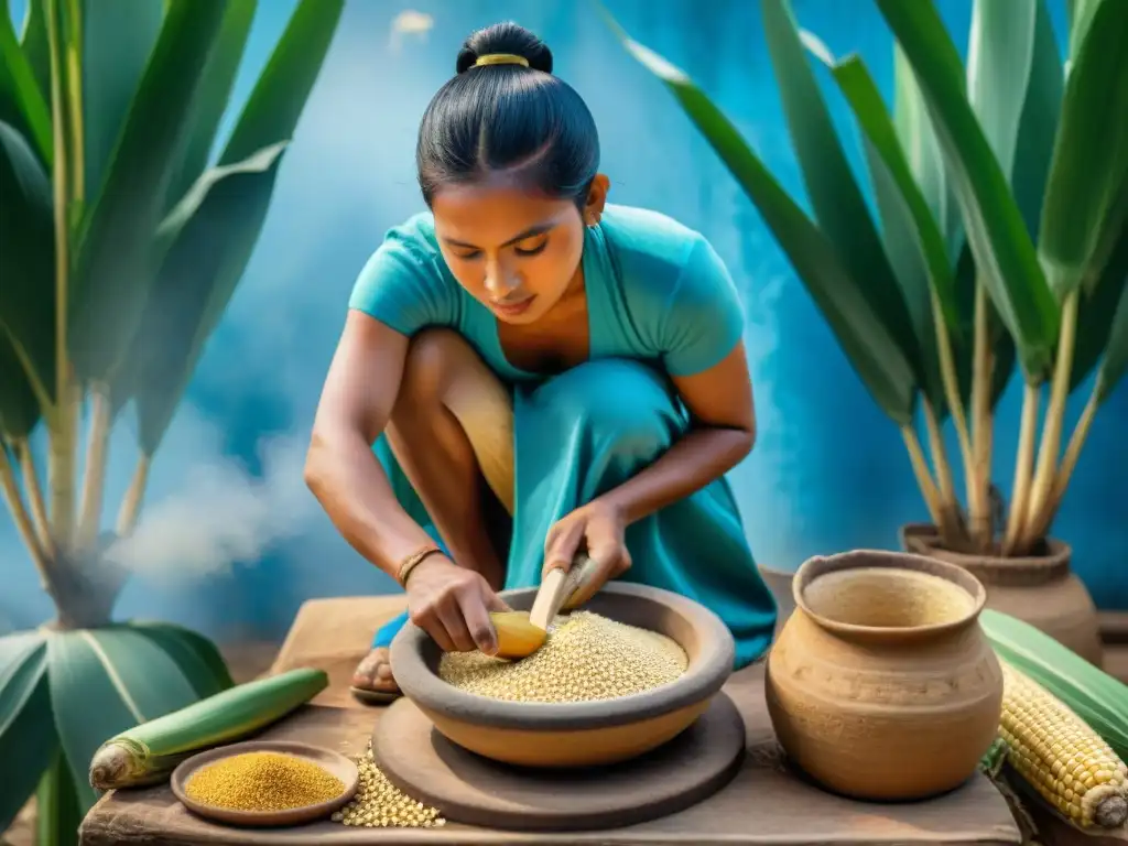 Detalle 8k de mujer maya molinando maíz en metate, rodeada de campos verdes bajo cielo azul