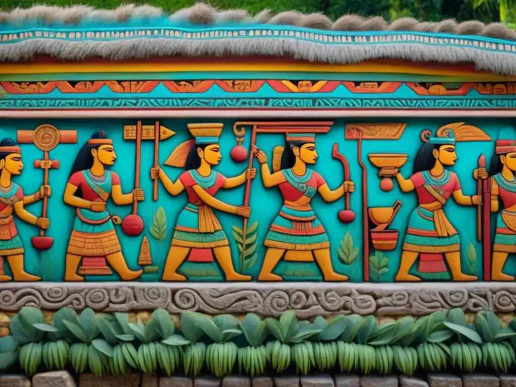 Detalle de mural maya en Sayil, con escenas de vida cotidiana como la agricultura y la cocina, destacando la habilidad artística