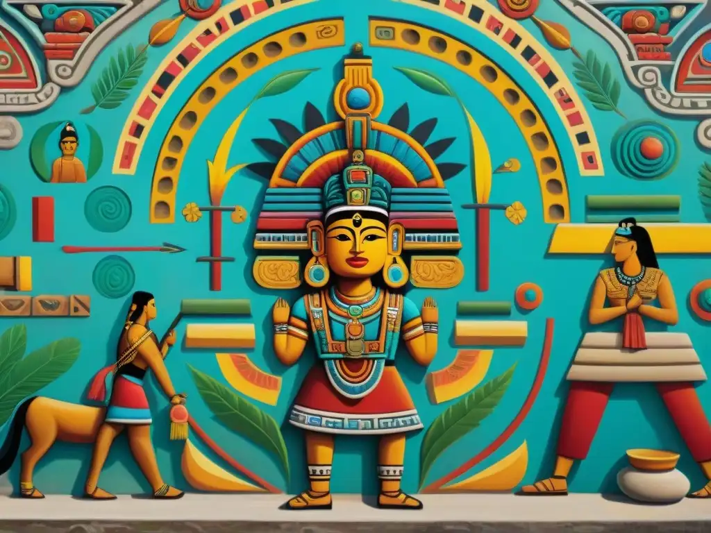 Mural maya: intercambio cultural en arte ancestral Detalle de mural maya mostrando intercambio cultural en pintura: colores vibrantes, patrones y fusión de estilos artísticos