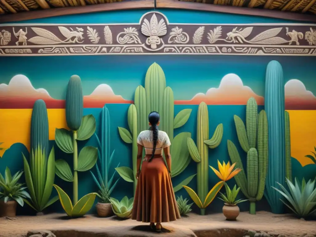 Detalle de mural maya con plantas como maíz, cacao y agave