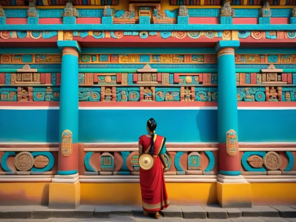 Detalle de murales religiosos mayas con paleta de colores en rojo, azul, verde y amarillo, destacando su simbolismo y artesanía