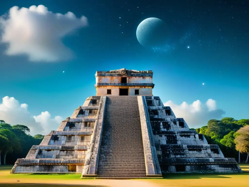 Detalle de la observatorio astronómico maya en Chichén Itzá, destacando sus técnicas y educación astronómica