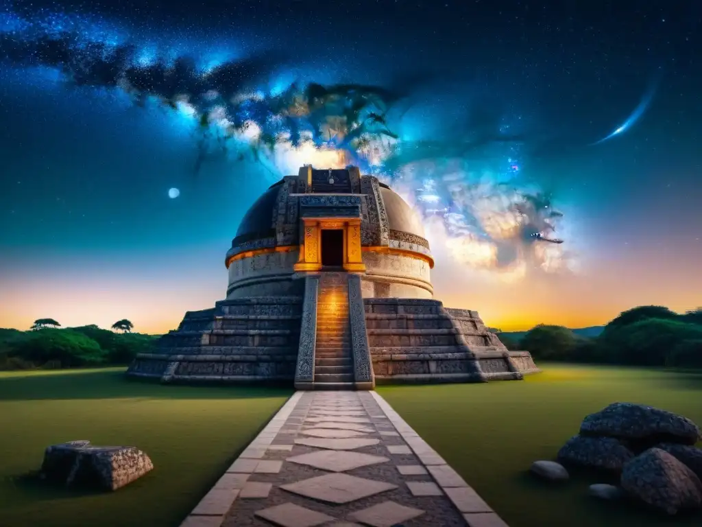 Detalle de observatorio astronómico maya con símbolos celestiales y la Vía Láctea