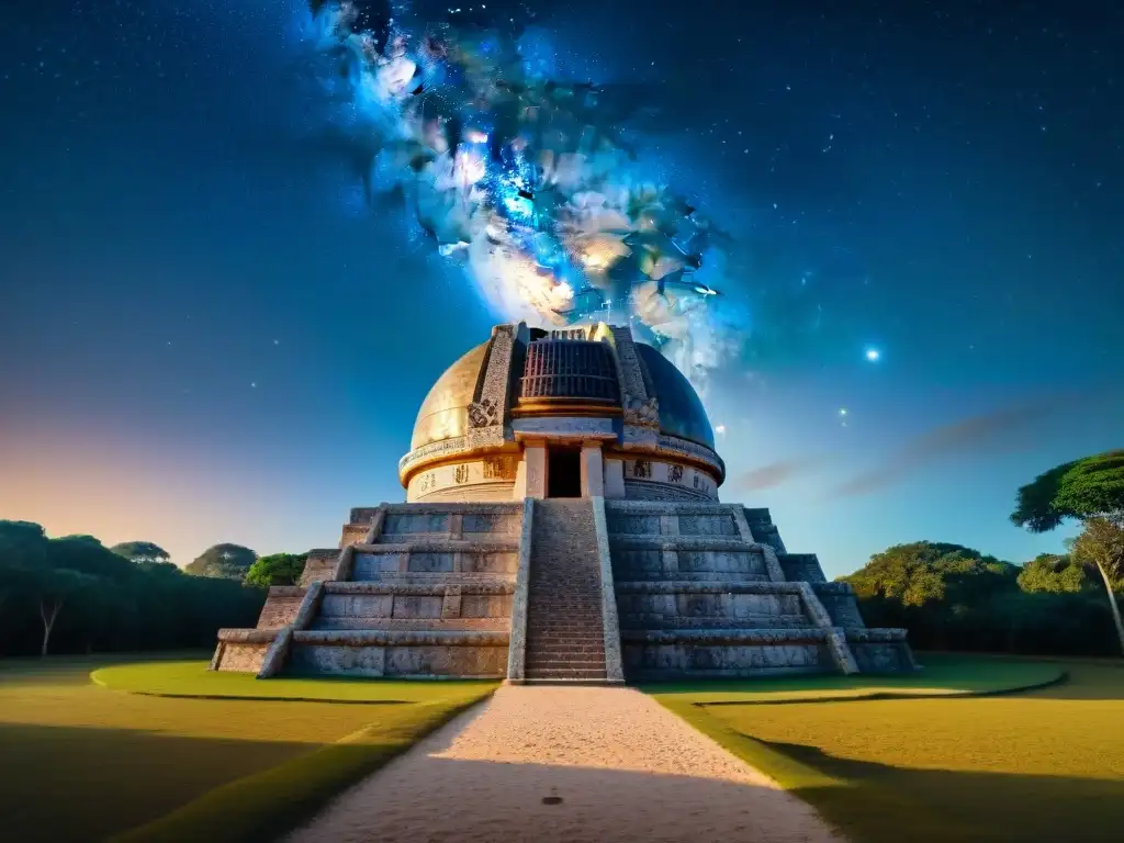 Detalle de observatorio astronómico maya, con tallados de cuerpos celestes y calendarios