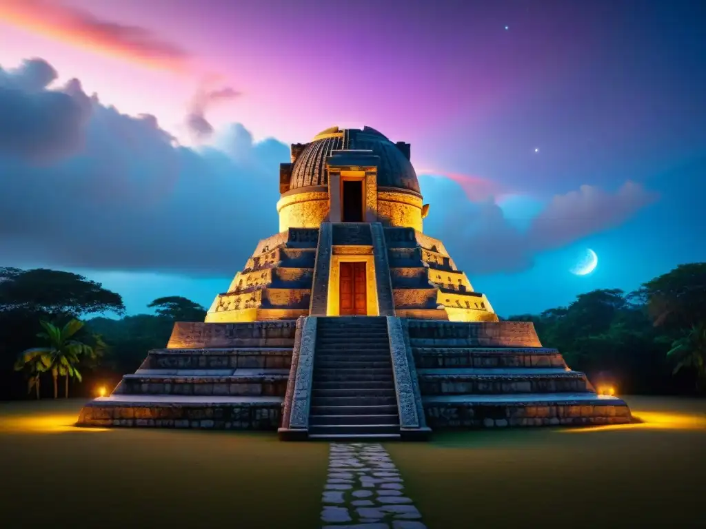 Detalle del observatorio celestial en una ciudad maya, fusionando precisión astronómica y simbolismo religioso