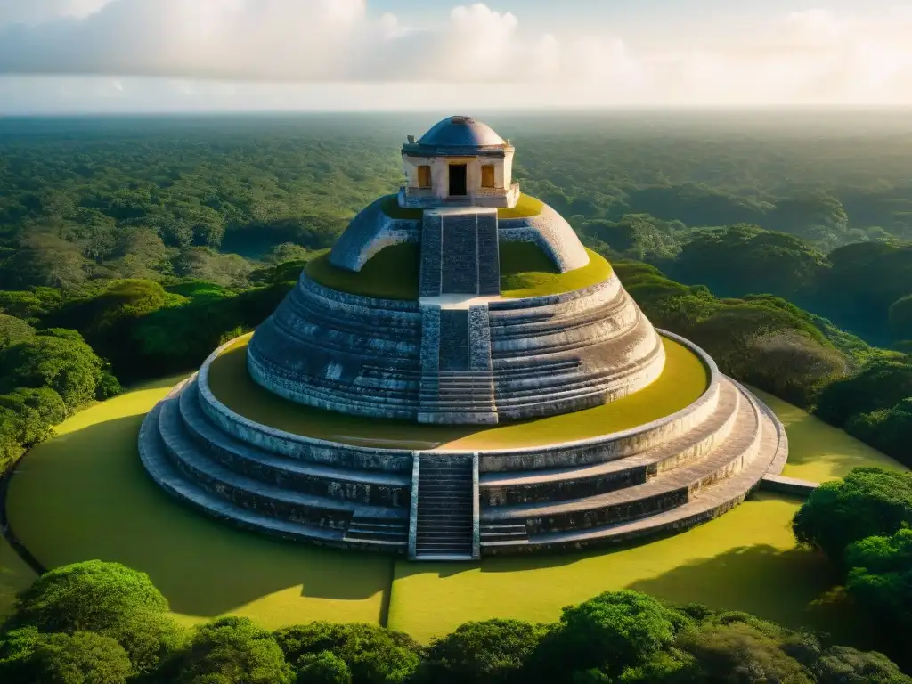 Detalle ultrarresolución del observatorio El Caracol en Chichén Itzá, con su escalera espiral y la selva de fondo