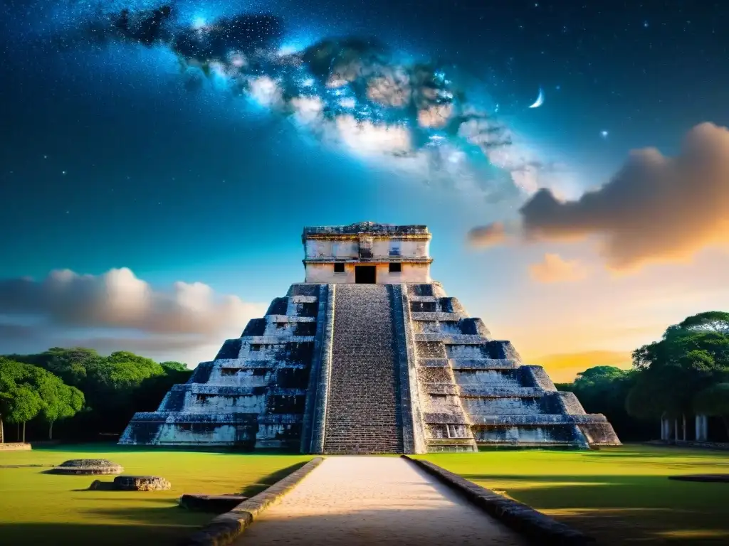 Detalle del observatorio maya en Chichen Itza, con arquitectura astronómica y selva exuberante bajo un cielo estrellado