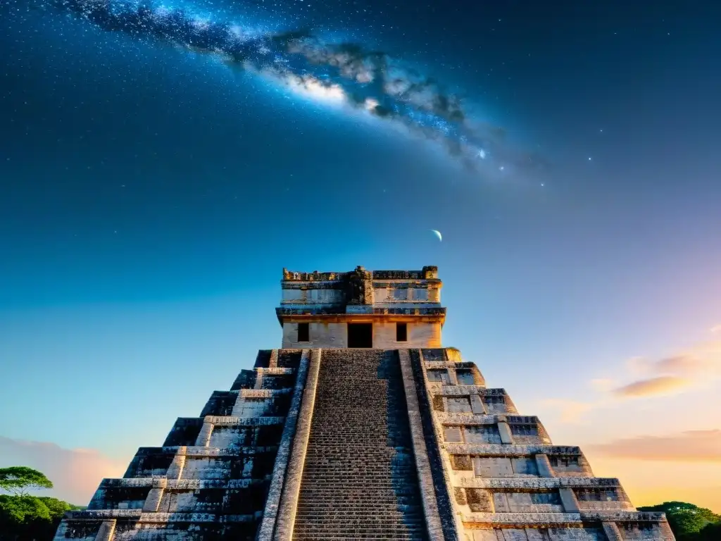 Detalle de observatorio maya en Chichen Itza, fusionando arquitectura astronómica con símbolos celestiales