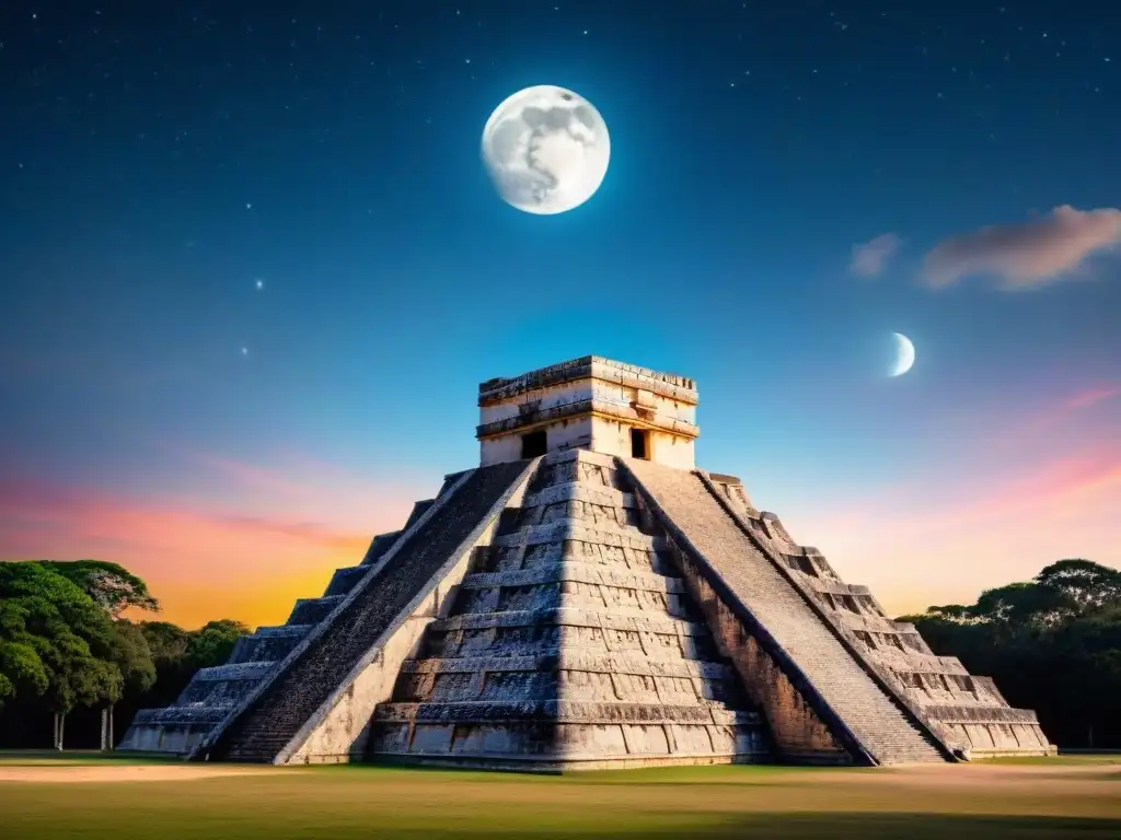 Detalle del observatorio maya en Chichén Itzá con las constelaciones y la Luna