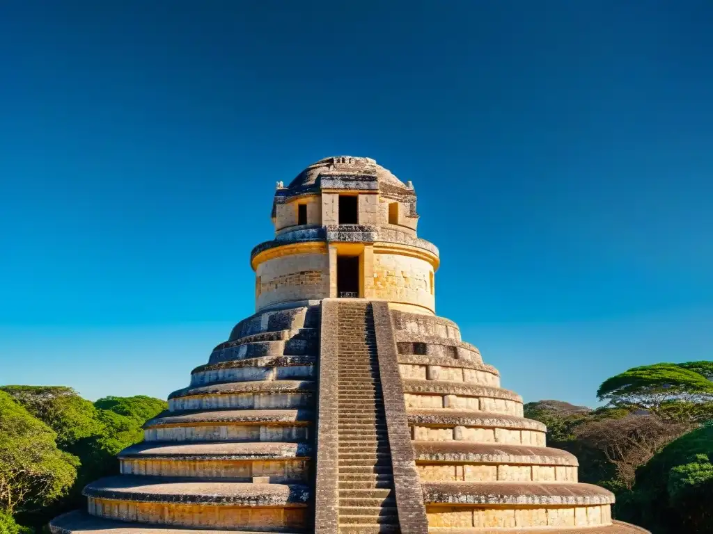 Detalle del Observatorio maya Chichén Itzá con su escalera en espiral, ventanas alineadas y techo en forma de cúpula, bajo un cielo azul