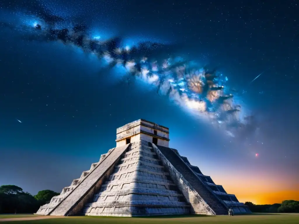 Detalle del observatorio maya en Chichén Itzá, destacando su función astronómica bajo un cielo estrellado