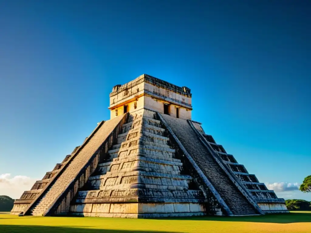 Detalle del Observatorio maya Chichén Itzá con sombras dramáticas y precisiones astronómicas, bajo cielo azul