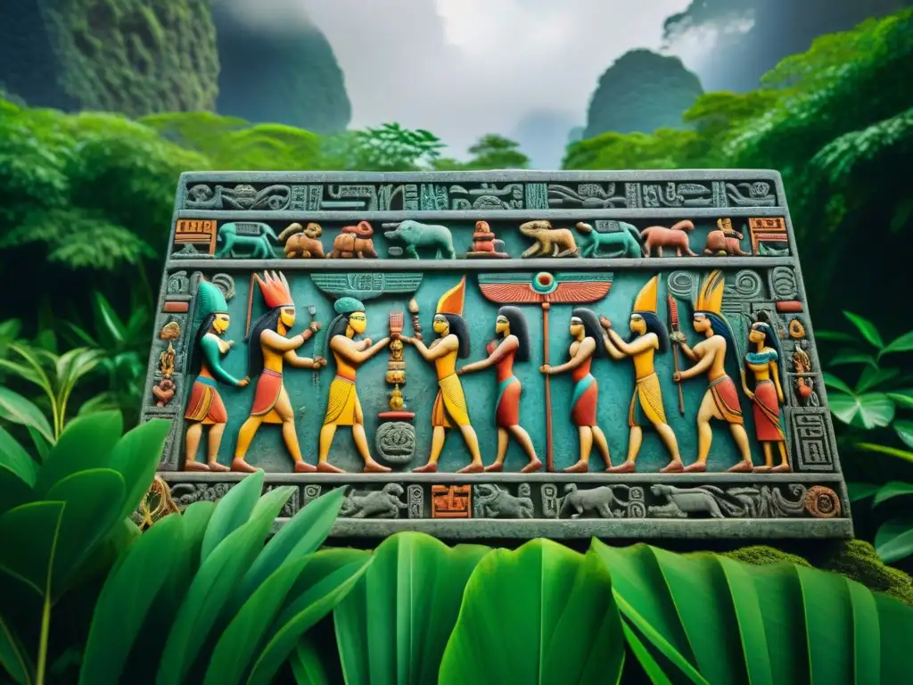 Detalle de panel maya tallado en piedra con escena mitológica y colorida