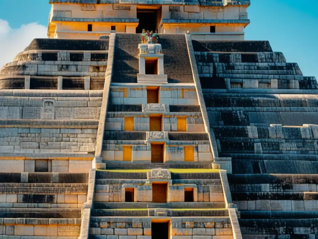 Detalle 8k de los patrones geométricos en el templo maya de Kukulkán en Chichén Itzá, resaltando la Geometría sagrada civilización maya