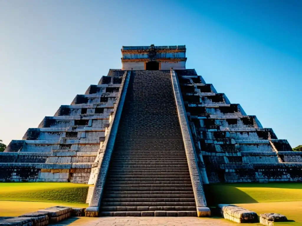 Esplendor solar en la Pirámide de Kukulkán en Chichén Itzá Detalle de la Pirámide de Kukulkán en Chichén Itzá, mostrando alineaciones celestes en cultura maya