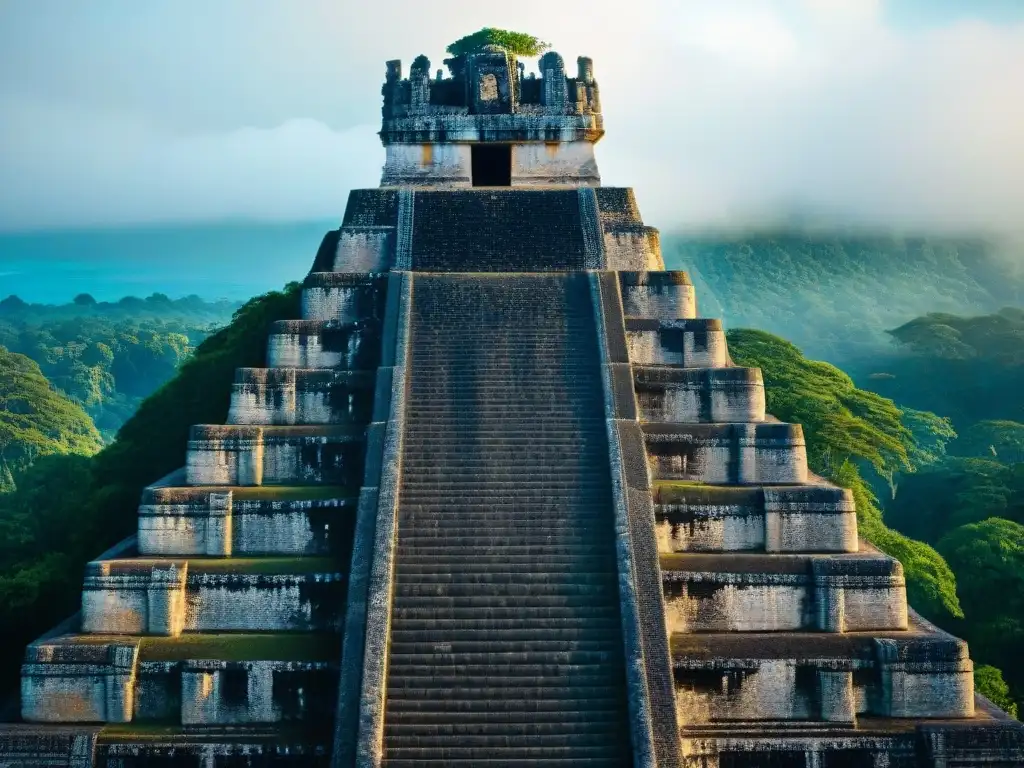 Detalle de la pirámide maya en Tikal, Guatemala, resaltando las construcciones mayas sin mortero