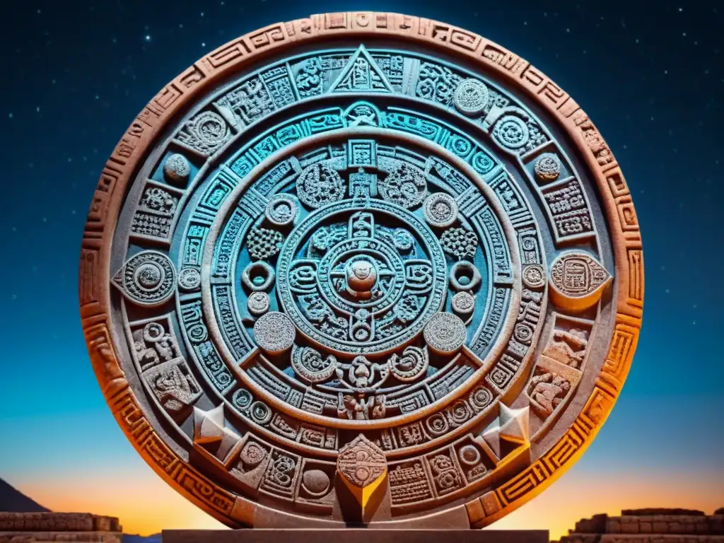 Detalle preciso del calendario astronómico maya iluminado en la noche estrellada