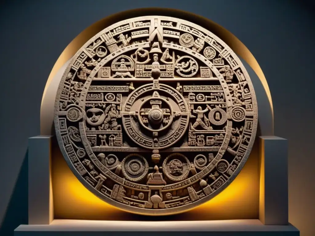 Detalle preciso del calendario maya en piedra, resaltando su sabiduría ancestral bajo luz suave