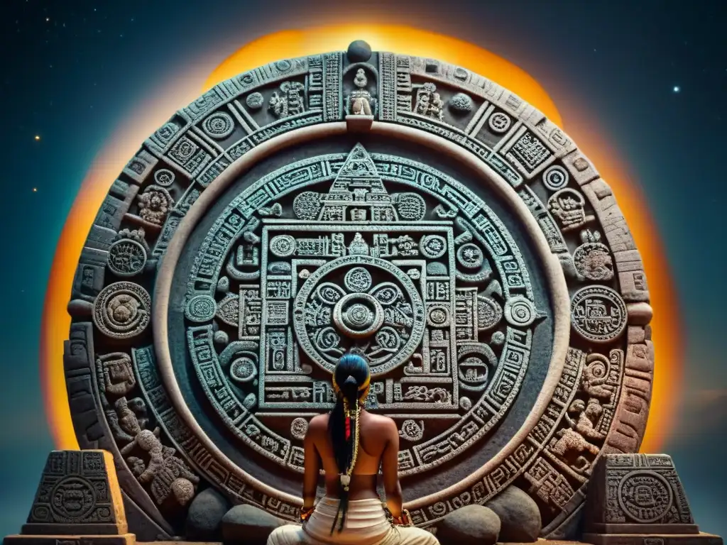 Detalle preciso del calendario maya, simbolizando la interconexión entre astronomía maya y agricultura sostenible