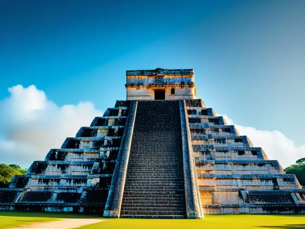 Detalle preciso de observatorio maya en Chichén Itzá, con sombras dramáticas y cielo estrellado