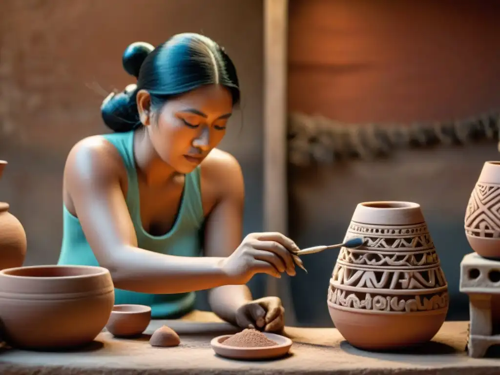 Detalle del proceso de creación de figuras cerámicas mayas con artesano meticuloso y herramientas de trabajo