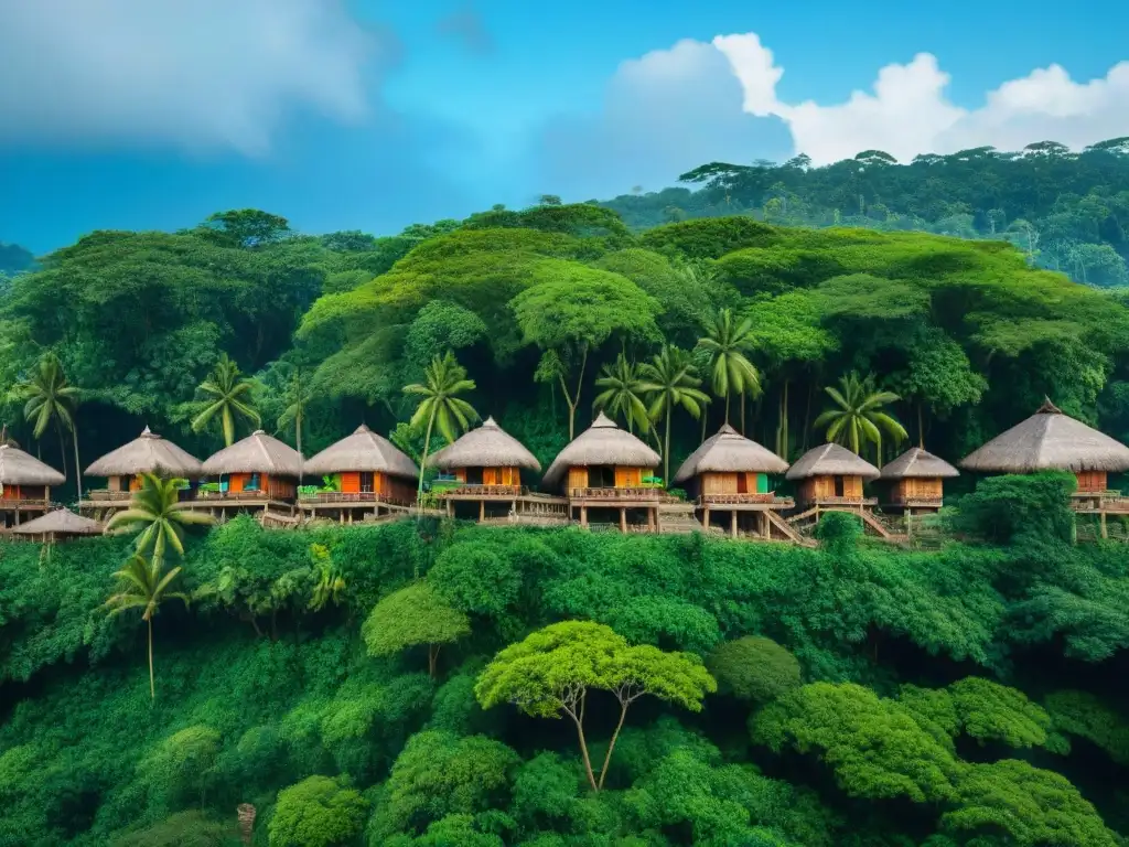 Detalle de un pueblo Maya en la selva con prácticas ecológicas mayas en acción